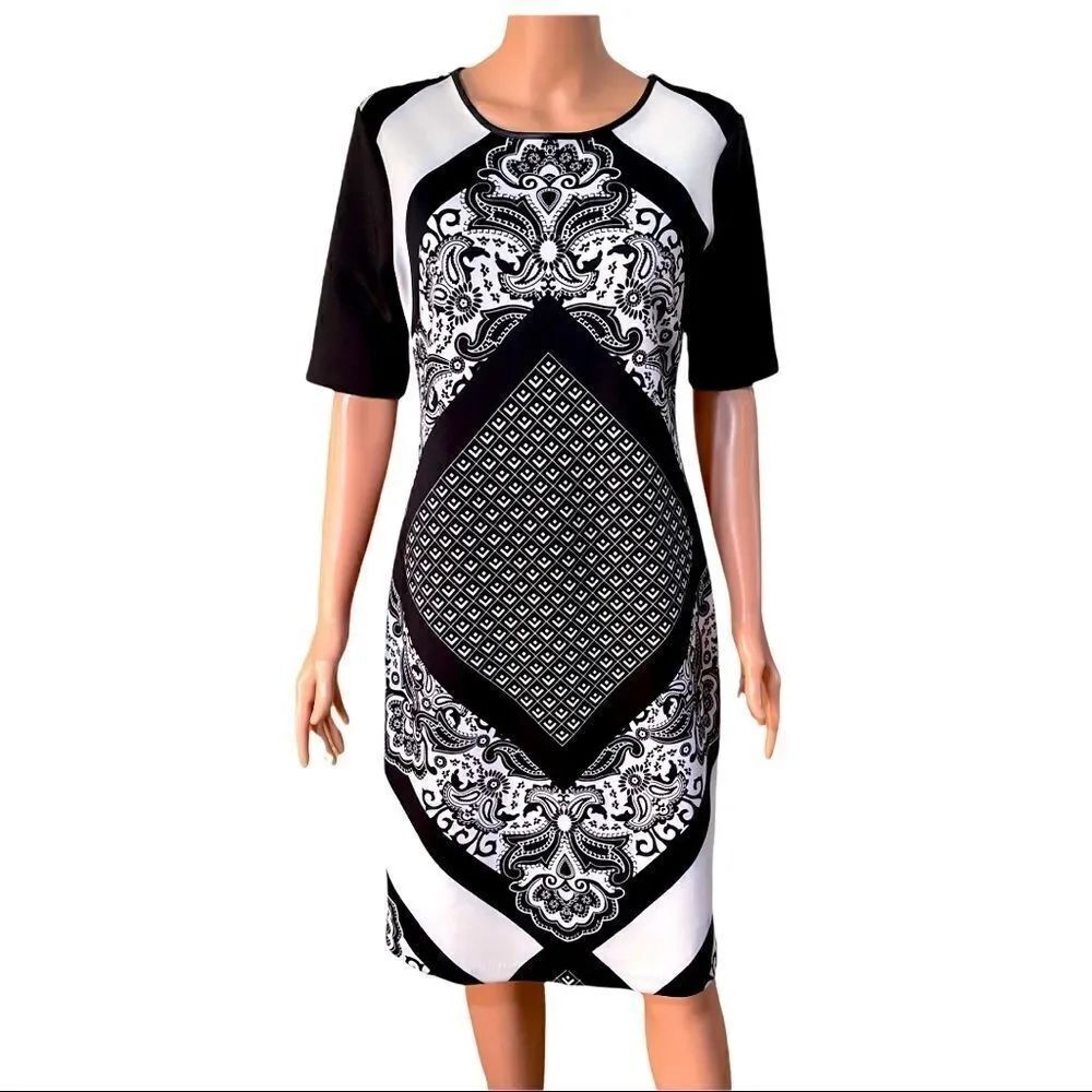Beige by eci B&W Mixed Print Scuba Sheath Dress Size 8